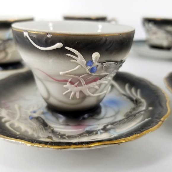 Dragon Ware Japanese Moriage Tutani Set 6 Demitasse Coffee Cup Saucer - Picture 1 of 14